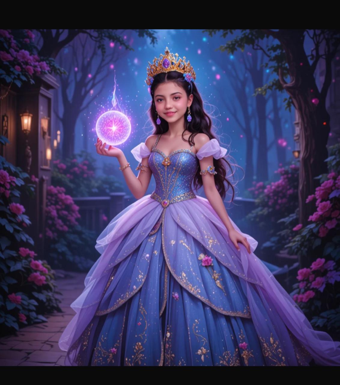 Luciana luciendo un vestido inspirado en Rapunzel